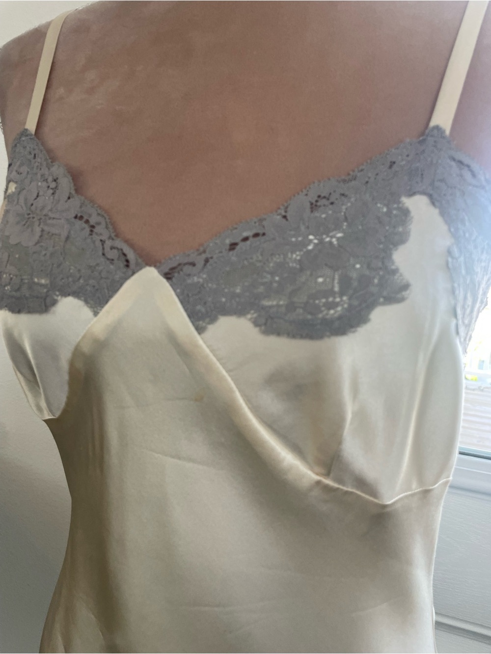 Expressions Cream Satin Slip with Gray Lace Trim